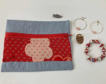 Zipper pouch linen kimono cotton cosmetics accessories sewing supplies pencil travel gift blue flower red star eco zipper Mother's Day gift