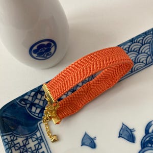 Obijime silk bracelet gold plated chain adjustable orange Japanese vintage Kumihimo hand braided kimono accessory free gift pouch Mother&#39;s