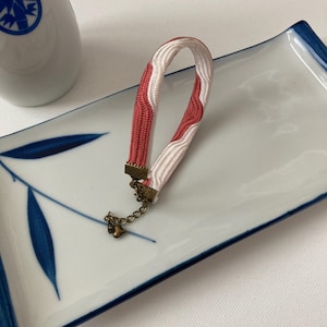 Pulsera de seda Obijime, cadena en tono bronce, ajustable, beige, rosa, japonesa, vintage, Kumihimo, accesorio de kimono trenzado, bolsa de regalo gratis, para madres.