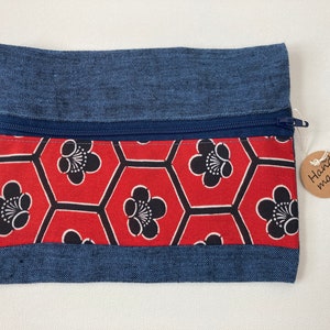 Zipper pouch linen Kimono silk cosmetic accessories sewing supply pencil travel gift blue red blue lotus flower blue eco zipper Mother&#39;s Day