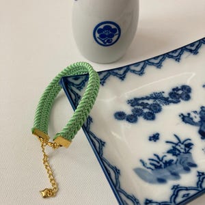 Obijime silk bracelet gold plated chain adjustable lime green Japanese vintage Kumihimo braided kimono accessory free gift pouch Mother&#39;s