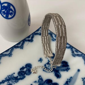 Obijime silk bracelet silver plated chain adjustable silver silk Japanese vintage Kumihimo hand braided Kimono accessory free pouch Mother's