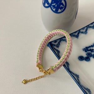 Obijime silk bracelet gold plated chain adjustable pink lime Japanese vintage Kumihimo hand braided kimono accessory pouch Mother&#39;s Day