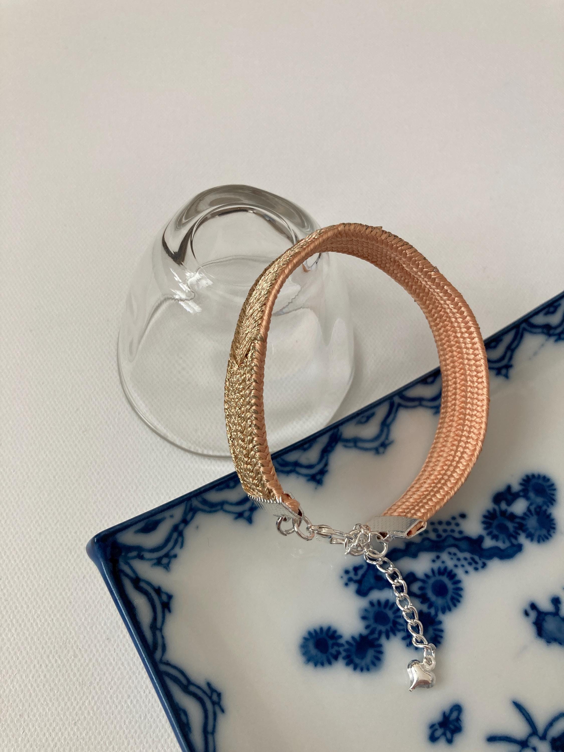 Obijime Silk Bracelet Silver Plated Chain Adjustable Bronze