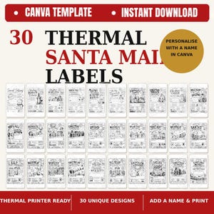 Puede incluir: Una colección digital de 30 etiquetas térmicas de correo de Santa en blanco y negro con varias ilustraciones y textos navideños. Las etiquetas rectangulares incluyen espacios en blanco para personalizar y están diseñadas para impresoras térmicas.