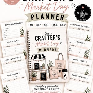 Könnte beinhalten: Ein spiralgebundener Planer mit dem Titel The Crafter's Market Day Planner, umgeben von 15 druckbaren A4-Arbeitsblättern, darunter ein Marktplaner, Bestandslisten, Verkaufsübersichten und Ausgaben. Das Cover zeigt eine Marktstand-Illustration.