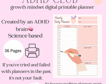 Op de afbeelding: Roze en witte digitale printbare planner met de tekst "ADHD CLUB growth mindset digital printable planner" en "Hourly Daily Planner". De planner heeft een sectie voor een schema, een braindump en een to-dolijst. De tekst "Created by an ADHD brain Science based" is ook inbegrepen.