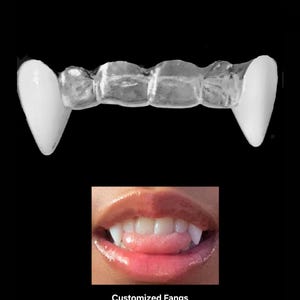 Clear Retain with vampire fangs(1)  Great realistic looking fangs. You can add a unique look to any costume or wear just for fun.