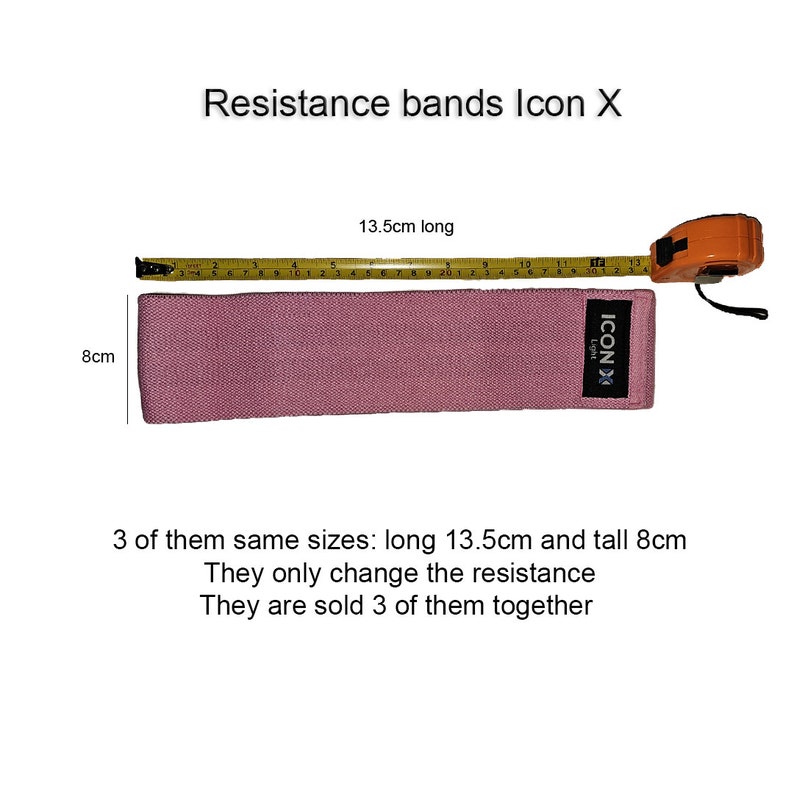 May include: Three pink resistance bands with the text "ICONX Light" printed on them. The bands are 13.5 inches long and 3 inches wide.