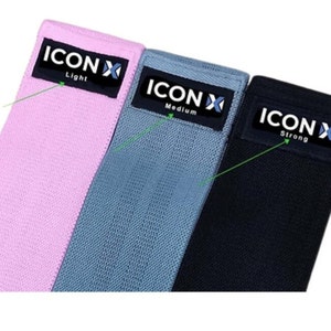 May include: Three resistance bands in pink, gray, and black. The bands are labeled "ICONX" with the words "Light", "Medium", and "Strong" printed on each band.