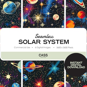 Pode incluir: Um padrão sem costura que apresenta um sistema solar de estilo retrô com planetas, estrelas e um fundo de galáxia. O padrão está em tons de azul, vermelho, amarelo e laranja.