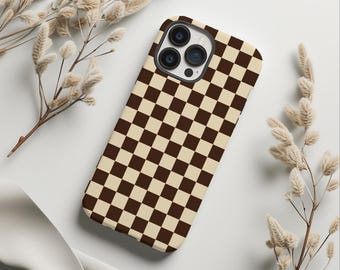 Vintage Brown & Cream Checkerboard Phone Case, Beige Checkers, iPhone 15 14 13 12 11 Pro Max 8 Plus X, Samsung Galaxy S23 S22 S20 Ultra
