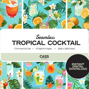 Tropical Cocktail Seamless Digital Papers, Drink Pattern, Instant Download, Commercial Use, Printable Scrapbook Paper