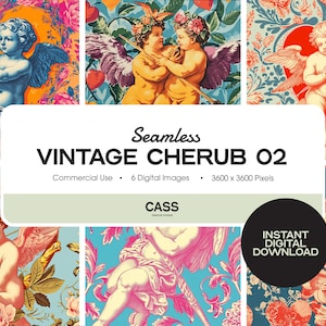 May include: Six seamless digital patterns featuring vintage cherubs with floral backgrounds. The patterns are 3600 x 3600 pixels and are for commercial use.