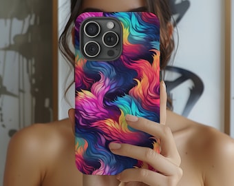 May include: A colorful phone case with a swirling abstract design in shades of pink, blue, yellow, and purple. The case has a black camera cutout with three lenses.