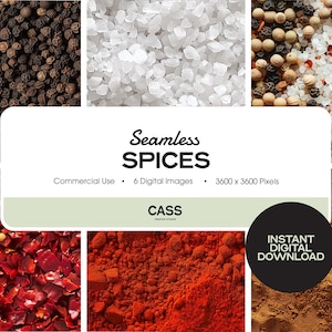 May include: Six seamless digital images of various spices, including black peppercorns, salt, red pepper flakes, paprika, and cinnamon. The images are 3600 x 3600 pixels and are for commercial use.