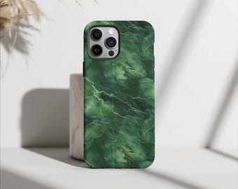 May include: Green marble phone case with a white marble pattern. The case has a camera cutout for a triple lens camera.