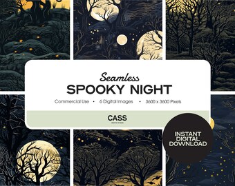 Spöklik natt sömlöst digitalt papper, Halloween-mönster, omedelbar nedladdning, kommersiellt bruk, utskrivbart scrapbook-papper