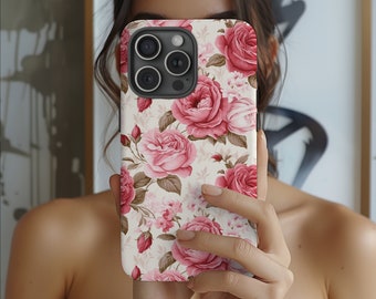 ヴィンテージ ローズ フローラル フォンケース、花柄の美しいトレンディなフォンケース、iPhone 15 14 13 12 11 Pro Max 8 Plus X、Samsung Galaxy S23 S22 S20 Ultra