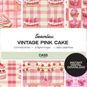Pode incluir: Seis padrões digitais sem costura que apresentam cupcakes e bolos rosa e brancos com cerejas em um fundo xadrez rosa e branco. O texto "Seamless Vintage Pink Cake" é exibido no centro da imagem.