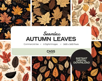 May include: Six seamless digital patterns featuring autumn leaves in various colors and styles. The patterns are 3600 x 3600 pixels and are for commercial use.