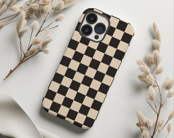 Black & Off White Vintage Checkerboard Phone Case, Trendy Checkers, iPhone 15 14 13 12 11 Pro Max 8 Plus X, Samsung Galaxy S23 S22 S20 Ultra
