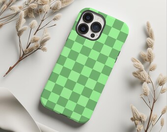 Green Checkered Phone Case, Retro Green Case, Trendy Phone Case, iPhone 15 14 13 12 11 Pro Max 8 Plus X, Samsung Galaxy S23 S22 S20 Ultra