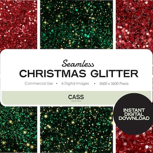 Puede incluir: Seis patrones de purpurina navideña digital sin costuras en rojo y verde. Cada patrón es de 3600 x 3600 píxeles. Uso comercial.