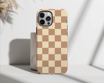 Brown & Beige Checkered Phone Case, Vintage Tan and Light Tan, iPhone 15 14 13 12 11 Pro Max 8 Plus X, Samsung Galaxy S23 S22 S20 Ultra