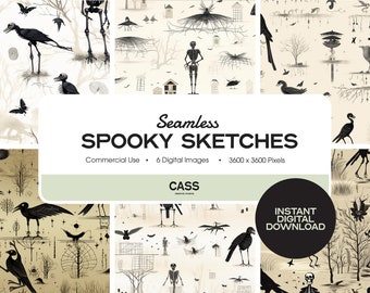 Spooky Sketches Seamless Digital Papers, Halloween Pattern, Instant Download, Commercial Use, Printable Scrapbook Paper