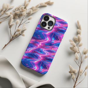Neon Wavy Lines Phone Case, Iridescent Pink and Blue Case, iPhone 15 14 13 12 11 Pro Max 8 Plus X, Samsung Galaxy S23 S22 S20 Ultra