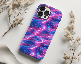 Neon Wavy Lines Phone Case, Iridescent Pink and Blue Case, iPhone 15 14 13 12 11 Pro Max 8 Plus X, Samsung Galaxy S23 S22 S20 Ultra