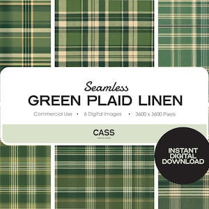 May include: Six digital images of a seamless green and cream plaid pattern. The text "Seamless Green Plaid Linen" is displayed in the centre of the image. The text "Commercial Use", "6 Digital Images", and "3600 x 3600 Pixels" is displayed below the title. The text "CASS" is displayed below the text. The text "INSTANT DIGITAL DOWNLOAD" is displayed in a black circle in the bottom right corner of the image.