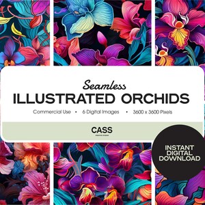 Illustrierte Orchideen nahtlose digitale Papiere, Blumenmuster, Sofort Download, kommerzielle Nutzung, druckbares Scrapbook Papier