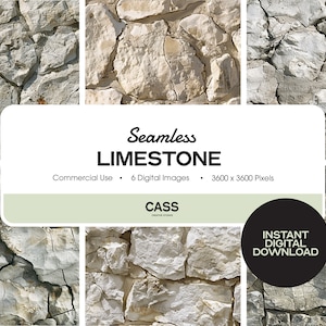 Puede incluir: Seis imágenes digitales sin costuras de una textura de pared de piedra blanca y gris. Las imágenes son de 3600 x 3600 píxeles y son para uso comercial. El texto "Seamless Limestone" está en la parte superior de la imagen. El texto "CASS" está en el centro de la imagen. El texto "INSTANT DIGITAL DOWNLOAD" está en la esquina inferior derecha de la imagen.