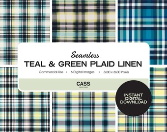 Green + Teal Plaid Seamless Digital Papers, Holiday Pattern, Instant Download, Commercial Use, Printable Scrapbook Paper