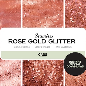 May include: Six seamless digital images of rose gold glitter, each measuring 3600 x 3600 pixels.  The images are perfect for adding a touch of sparkle to your designs.