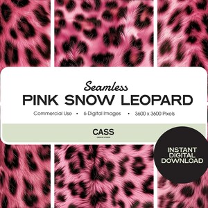 May include: Six seamless digital images of a pink snow leopard print. The print is a close-up of the fur with black spots. The images are 3600 x 3600 pixels and are for commercial use.