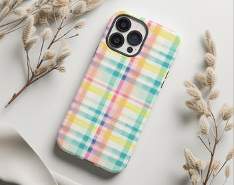 Rainbow Multicolor Plaid Tartan Phone Case, Pastel Phone Case, iPhone 15 14 13 12 11 Pro Max 8 Plus X, Samsung Galaxy S23 S22 S20 Ultra