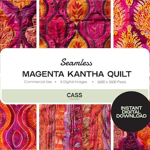 May include: Six digital images of a magenta kantha quilt pattern with a repeating design of stylized flowers and leaves. The pattern is seamless and can be used for commercial purposes. The images are 3600 x 3600 pixels.