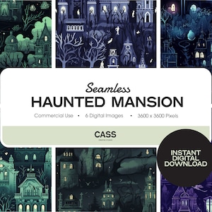 May include: Six digital seamless patterns featuring a haunted mansion theme. The patterns are in various color palettes, including green, blue, and purple. Each pattern features a repeating design of a haunted mansion with spooky details like ghosts, bats, and trees. The text "Seamless Haunted Mansion" is displayed in the center of the image.