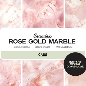 May include: Six seamless digital images of rose gold marble with a white background. The images are 3600 x 3600 pixels and are for commercial use.