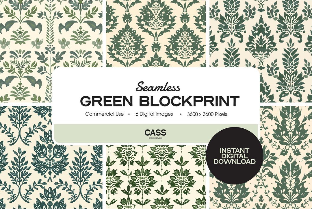 Spring Vines Paper GREEN VINES BLOCKPRINT Digital Papers, Seamless Spring Pattern, Instant ...