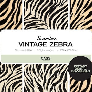 May include: A digital download of six seamless vintage zebra print patterns in black and beige. The patterns are 3600 x 3600 pixels and are for commercial use.