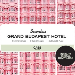 May include: A seamless digital pattern featuring a pink building with many windows. The pattern is labeled "Grand Budapest Hotel" and is for commercial use. The pattern is 3600 x 3600 pixels.