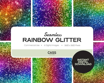 Op de afbeelding: Zes naadloze digitale afbeeldingen van regenboog glitter. Elke afbeelding is 3600 x 3600 pixels groot en kan commercieel worden gebruikt.