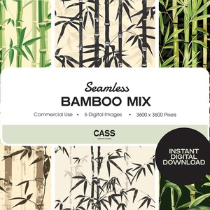 May include: Six seamless digital patterns featuring different styles of bamboo. The patterns are in various colours, including green, black, and white. The patterns are 3600 x 3600 pixels.