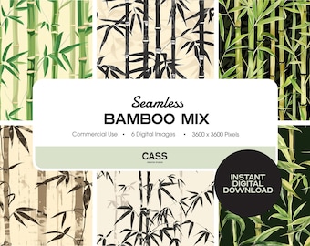 May include: Six seamless digital patterns featuring different styles of bamboo. The patterns are in various colors, including green, black, and white. The patterns are 3600 x 3600 pixels.