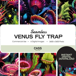 Puede incluir: Seis patrones digitales sin costuras que presentan plantas de venus atrapamoscas de colores vibrantes y neón sobre un fondo negro. El texto "Seamless Venus Fly Trap" se muestra en el centro de la imagen. El texto "Commercial Use", "6 Digital Images" y "3600 x 3600 Pixels" se muestra debajo del título. El texto "CASS" se muestra debajo del texto. El texto "INSTANT DIGITAL DOWNLOAD" se muestra en la esquina inferior derecha de la imagen.