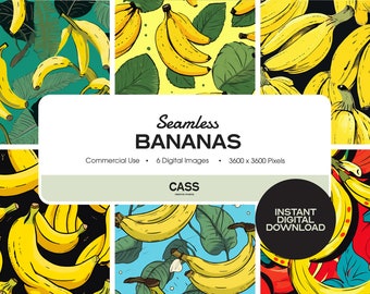 Cartoon Bananas Seamless Digital Papers, Fruit Pattern, Instant Download, Commercial Use, Printable Scrapbook Paper